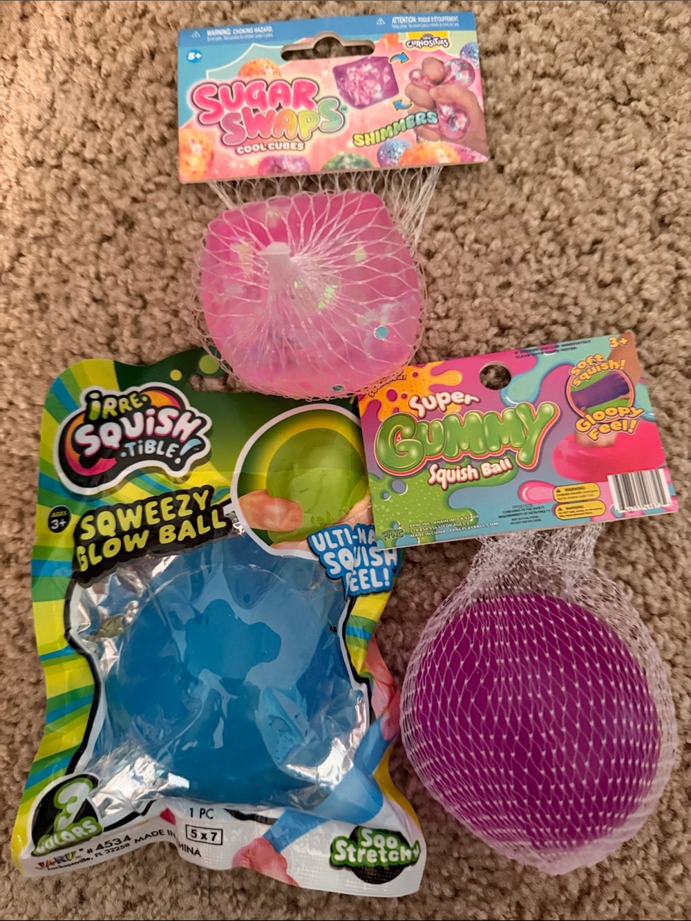 Super Gummy & Irre Squish Squeezy Glow Ball squishy Bundle - Pink, Purple, Blue